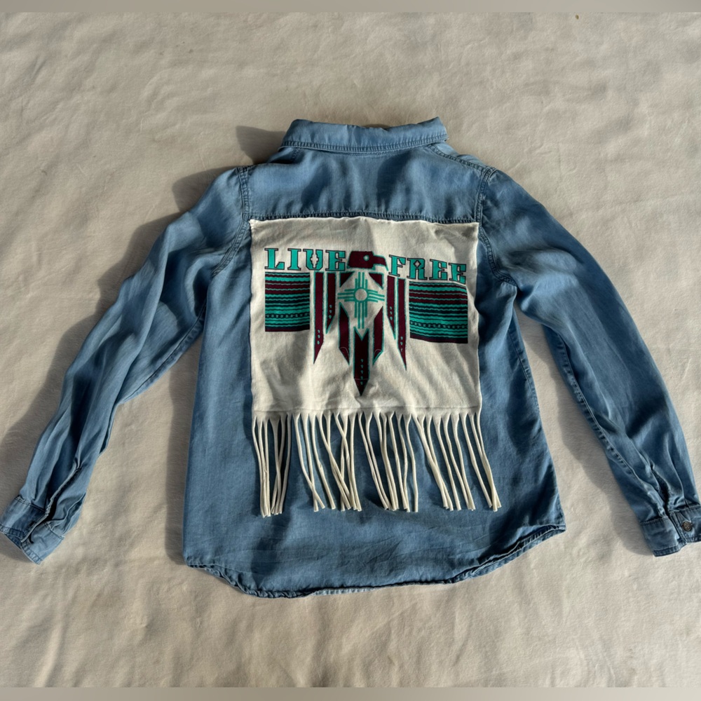 Denim western style button down with fringe